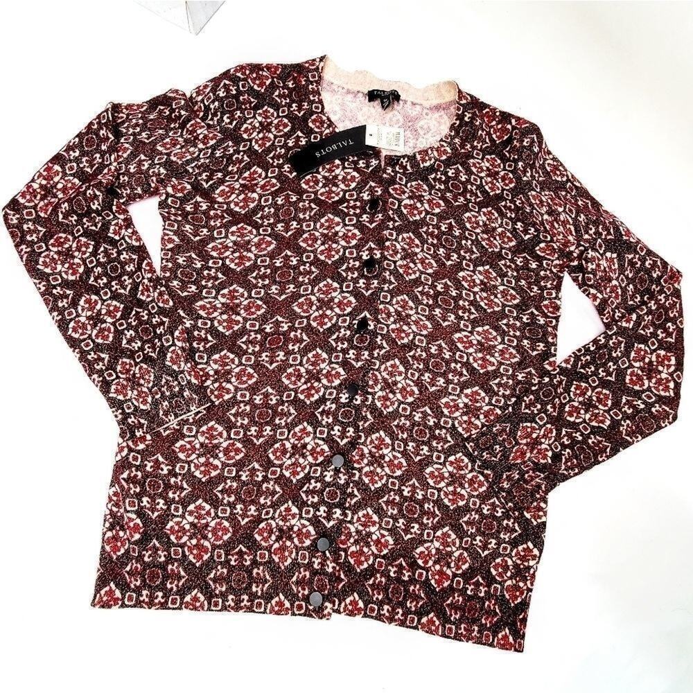 Talbots Petite Burgundy And Gold Cardigan